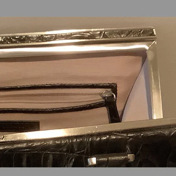 Ann Taylor Black embossed  crocodile  leather  top handle, framed satchel bag - Picture 12 of 13